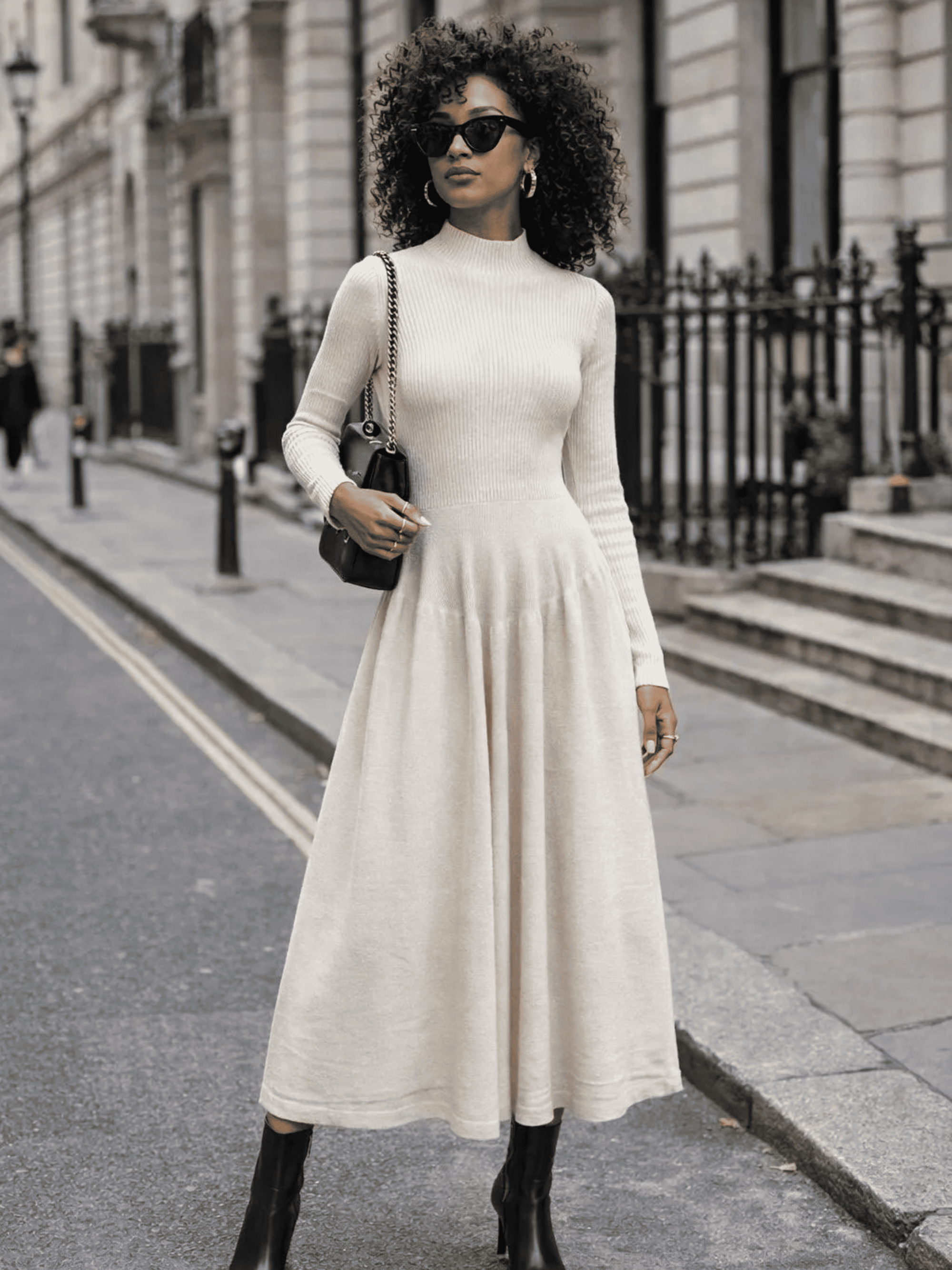 Vestido de tricô Itália midi de gola alta e manga longa com saia rodada, opção para casamento à noite