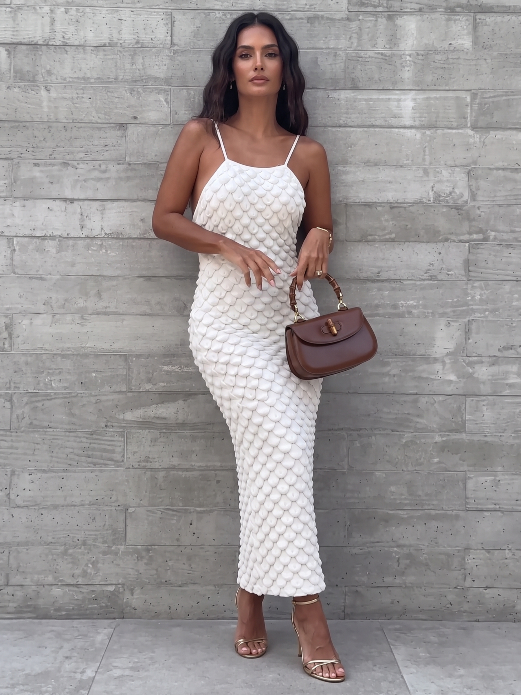 Vestido de tricô Escama de corpo inteiro, com bolsa estruturada