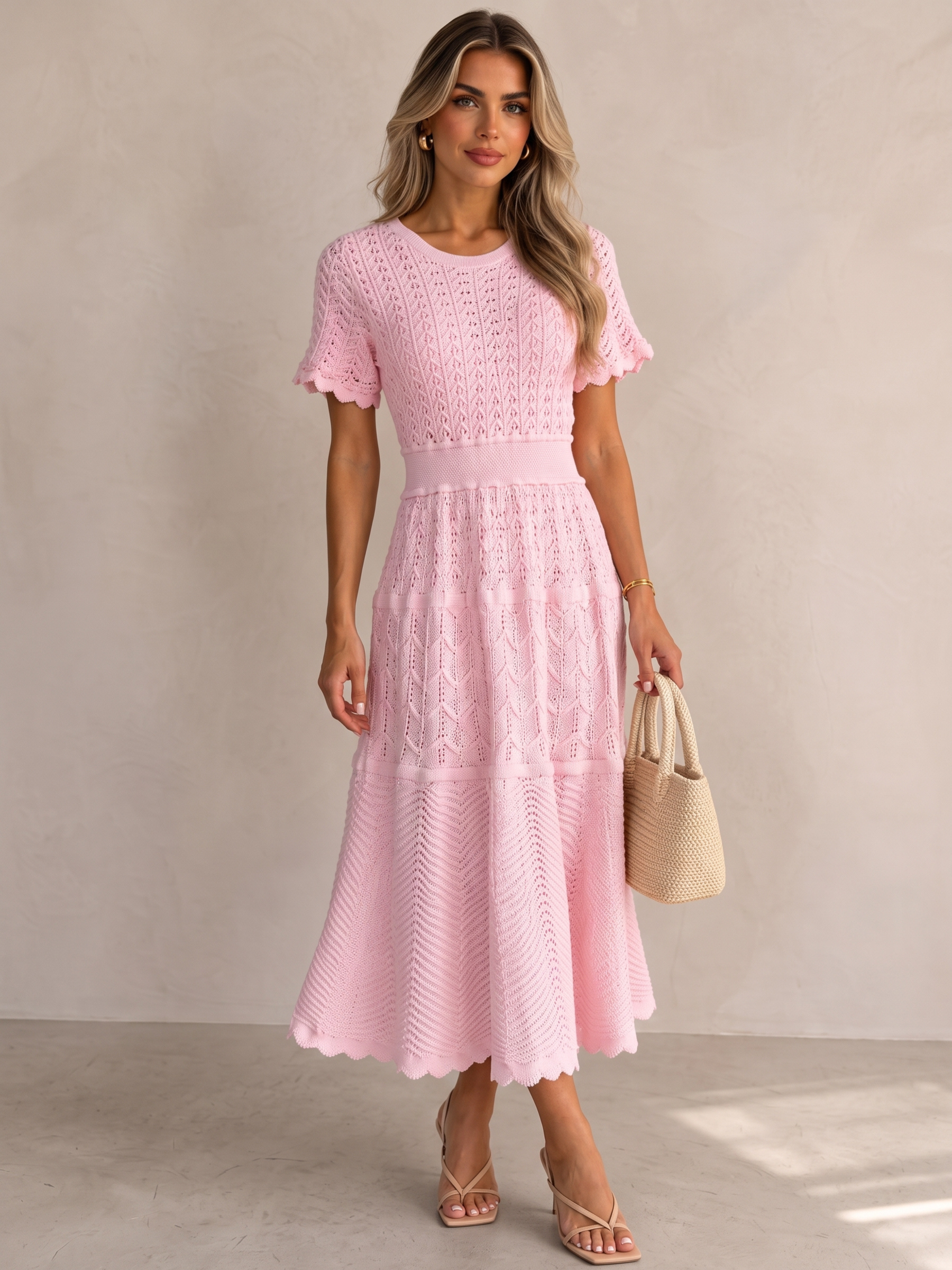 Vestido de tricô Noronha rosa bebê, midi e rodado, com gola redonda, manga curta com babado e cintura marcada por franzido