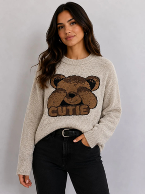 Blusa de tricô Ursinho Cutie em malha encorpada e felpuda, de manga longa
