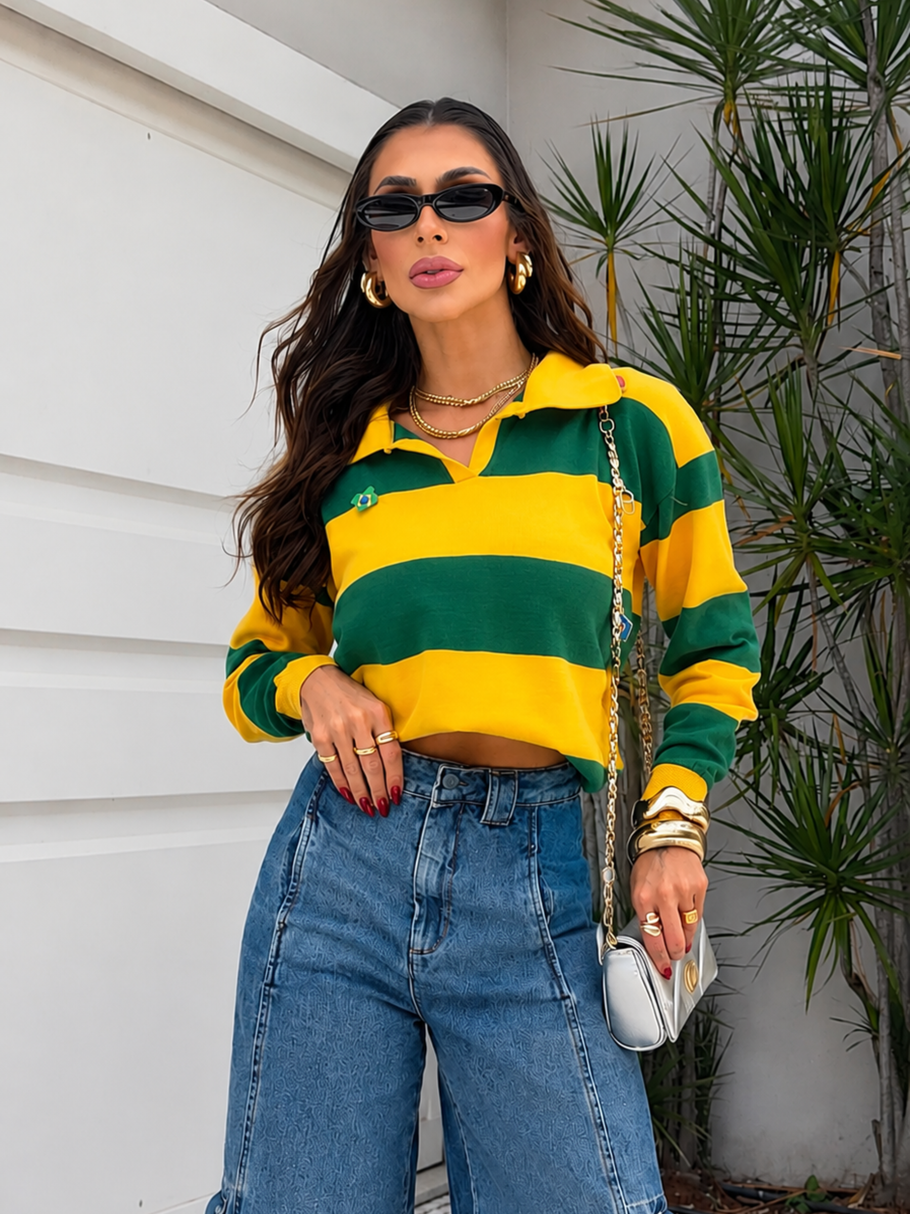 Blusa Feminina de Tricô Brasil Ouro Verde - Gola Polo com Broche
