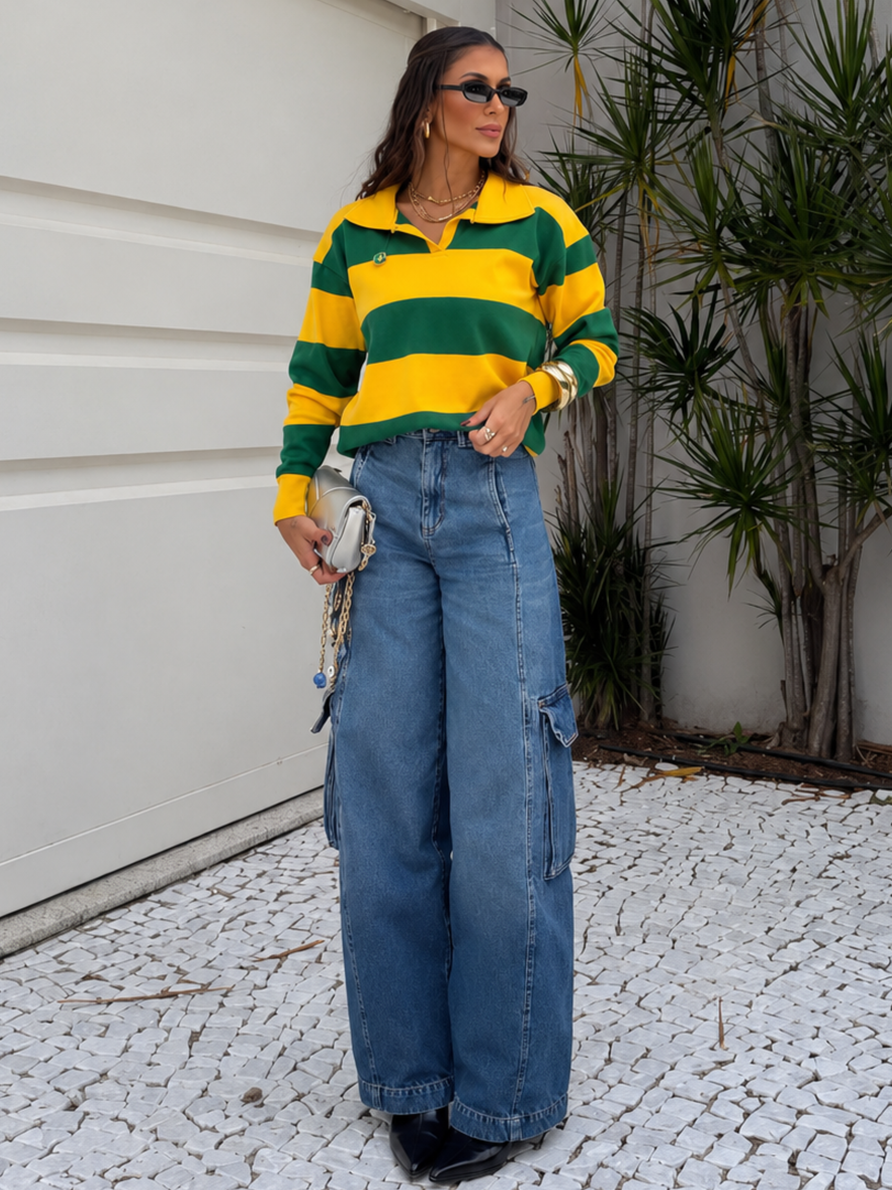 Blusa Feminina de Tricô Brasil Ouro Verde - Gola Polo com Broche