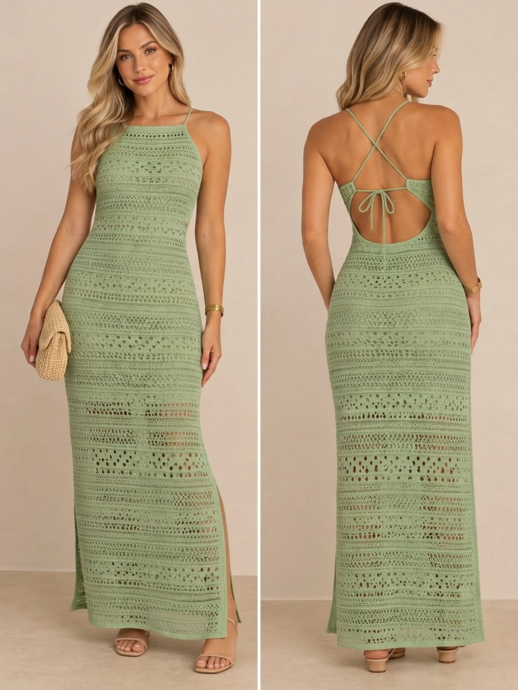 Vestido de tricô Ana Gabriela de frente e de costas: alças finas, decote reto e tiras cruzadas com amarração nas costas