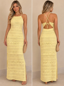 Vestido de tricô Ana Gabriela de corpo inteiro, com o decote reto e as alças finas